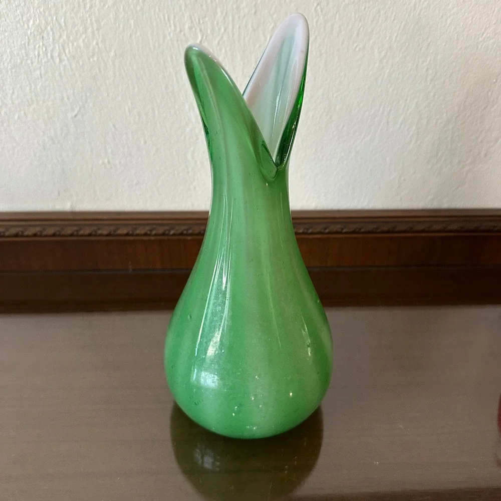 Vintage Green Cased Art Glass Vase Murano Style Pulled Wing Rim 10'' Mid Century